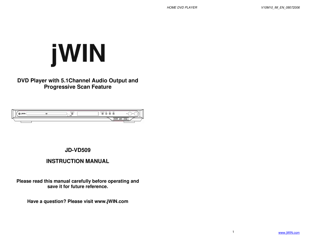 Jwin JD-VD509 instruction manual Home DVD Player 