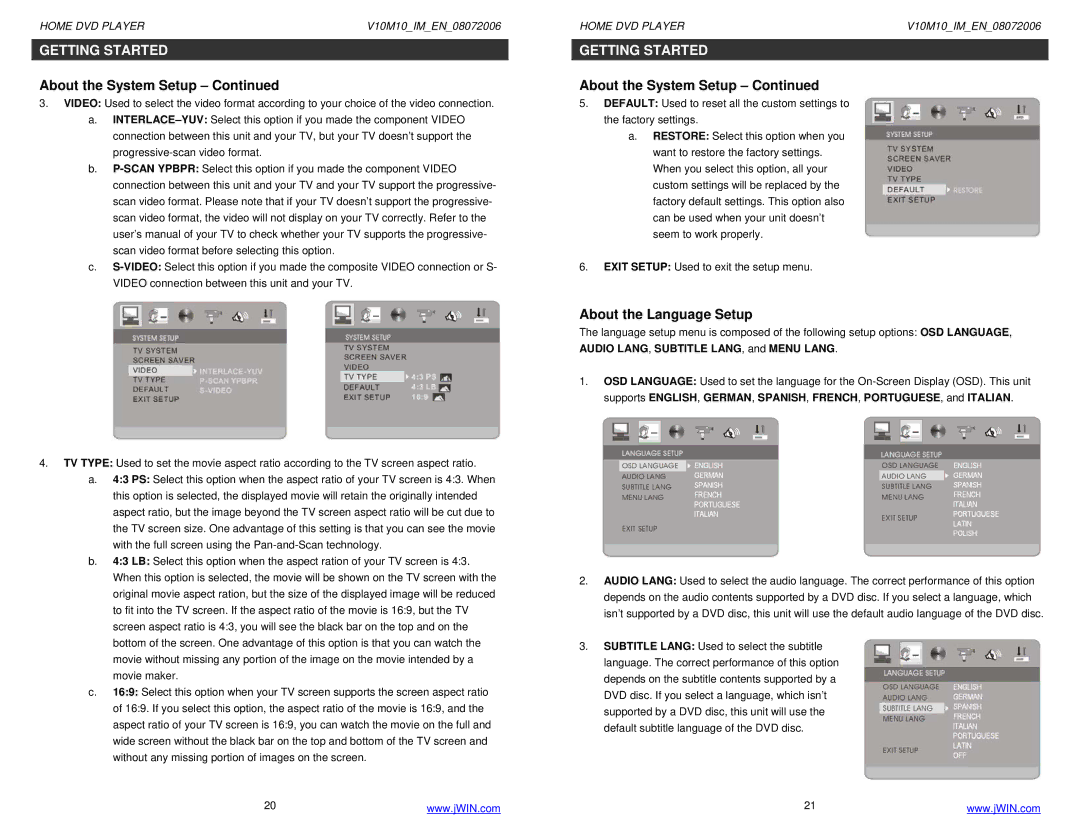 Jwin JD-VD509 instruction manual About the Language Setup 