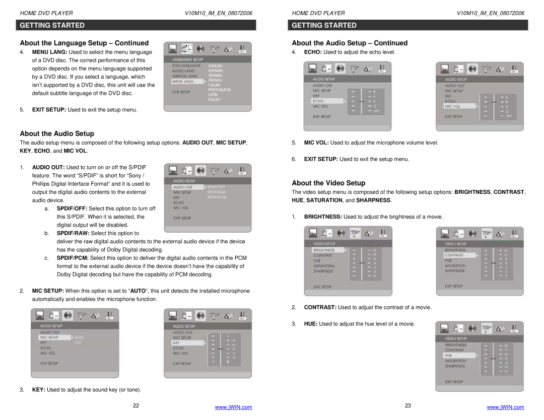 Jwin JD-VD509 instruction manual About the Audio Setup, About the Video Setup 