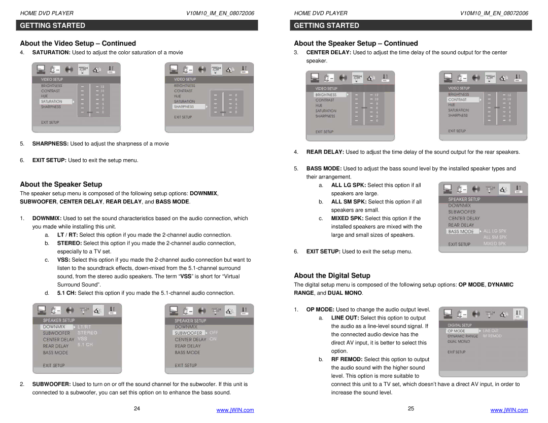 Jwin JD-VD509 instruction manual About the Speaker Setup, About the Digital Setup 