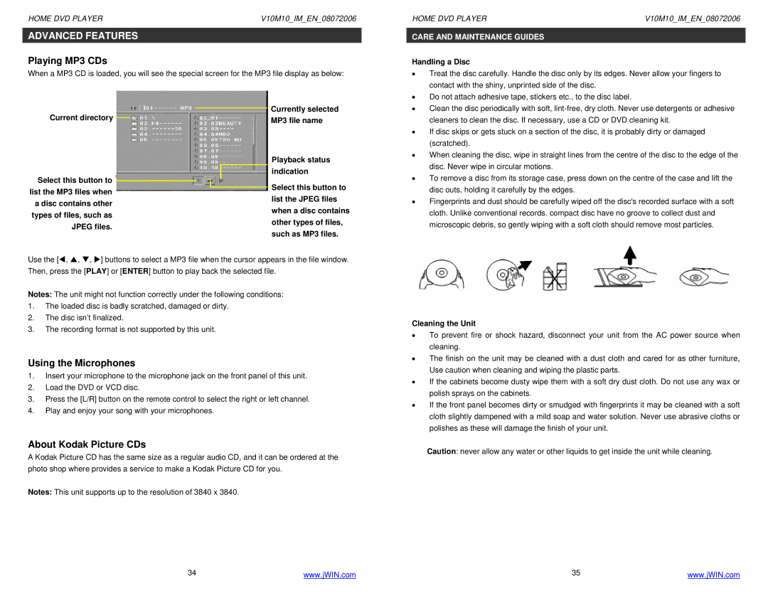 Jwin JD-VD509 instruction manual Advanced Features, Playing MP3 CDs, Using the Microphones, About Kodak Picture CDs 