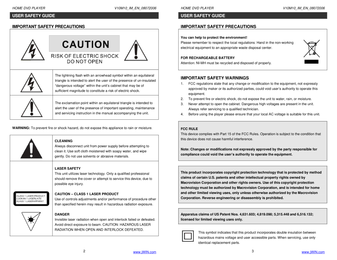 Jwin JD-VD509 instruction manual User Safety Guide, Cleaning, Laser Safety, For Rechargeable Battery, FCC Rule 