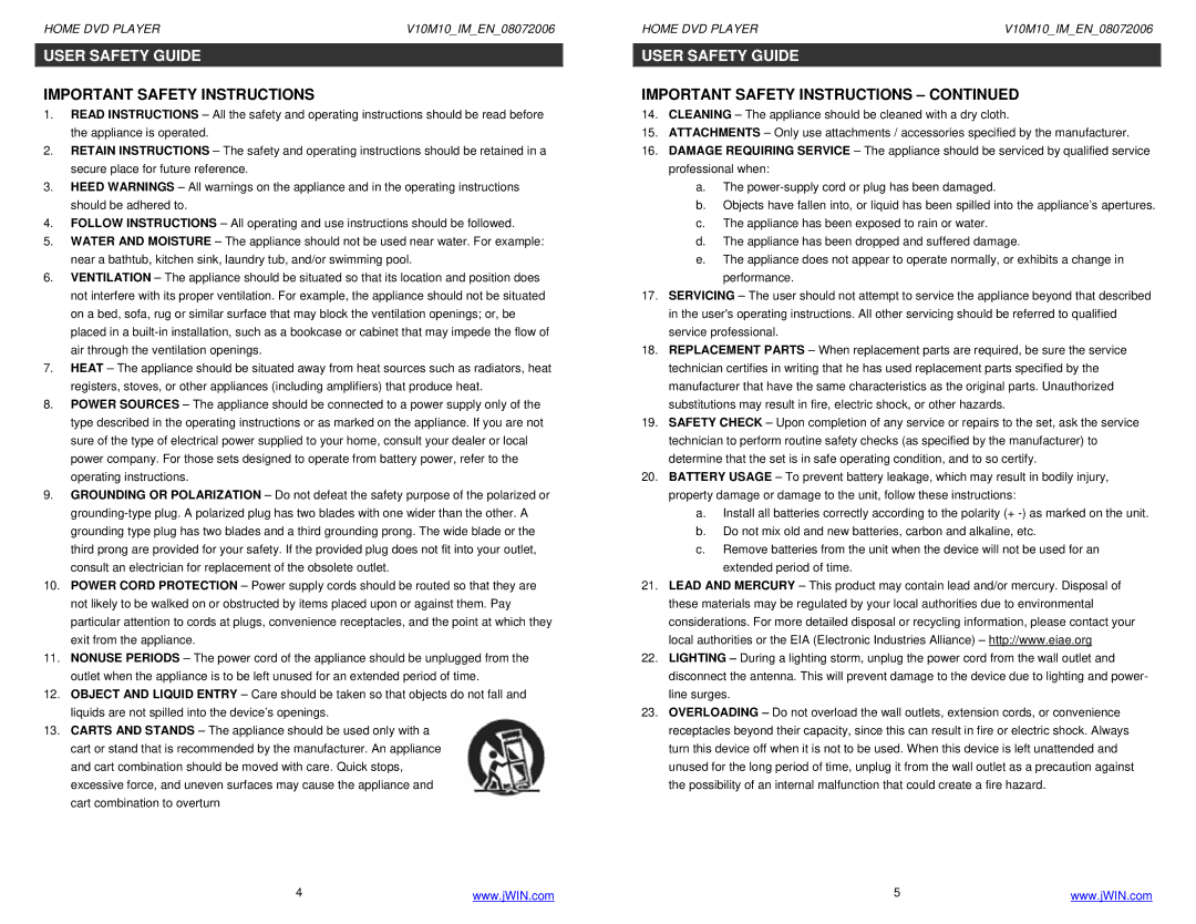 Jwin JD-VD509 instruction manual Important Safety Instructions 