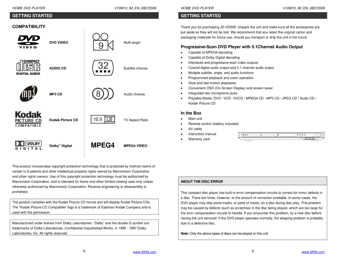 Jwin JD-VD509 instruction manual Getting Started, Progressive-Scan DVD Player with 5.1Channel Audio Output, Box 
