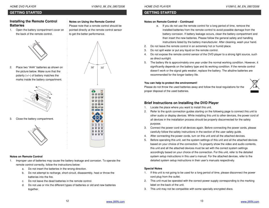 Jwin JD-VD509 Installing the Remote Control Batteries, Brief Instructions on Installing the DVD Player, Special Notes 