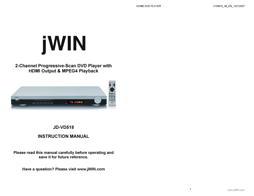 Jwin JD-VD518 instruction manual Home DVD Player 