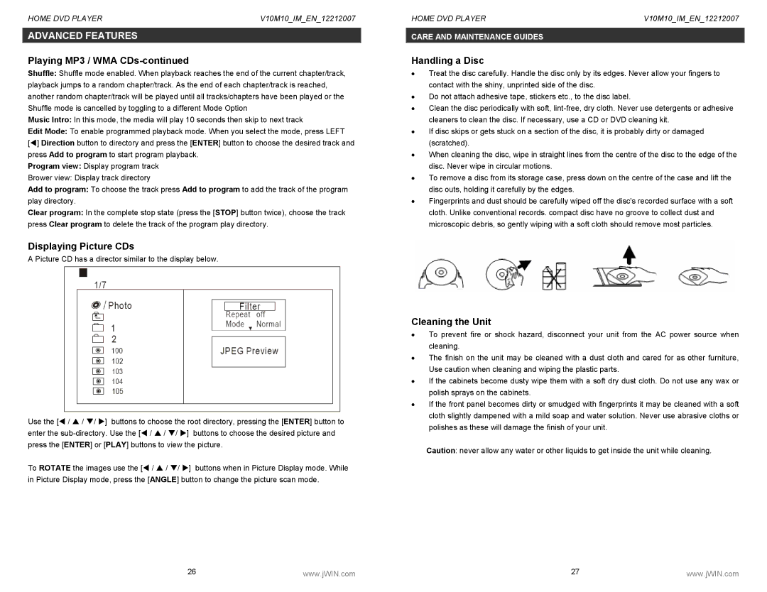 Jwin JD-VD518 instruction manual Displaying Picture CDs, Handling a Disc, Cleaning the Unit 