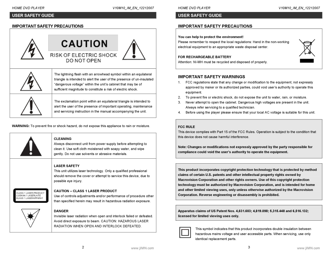 Jwin JD-VD518 instruction manual User Safety Guide, Cleaning, Laser Safety, For Rechargeable Battery, FCC Rule 