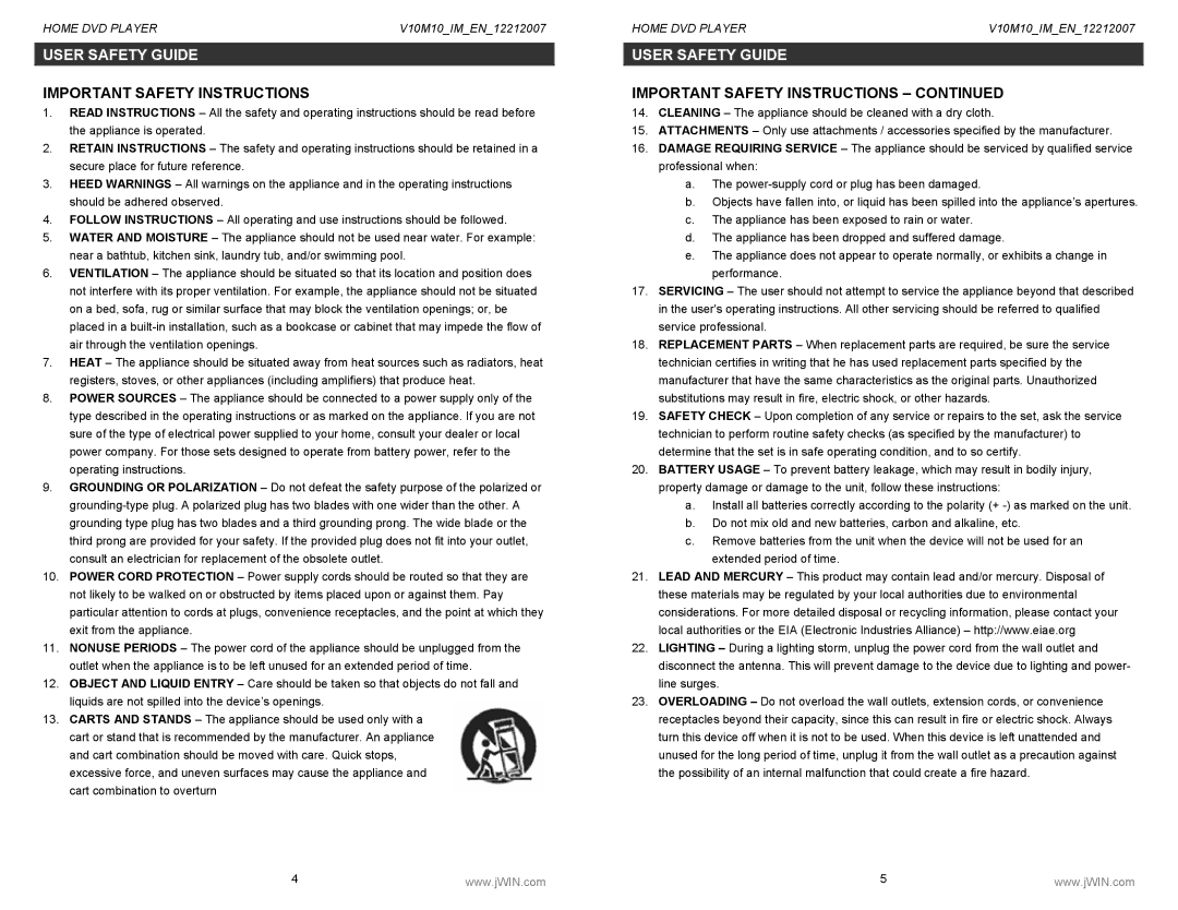 Jwin JD-VD518 instruction manual Important Safety Instructions 