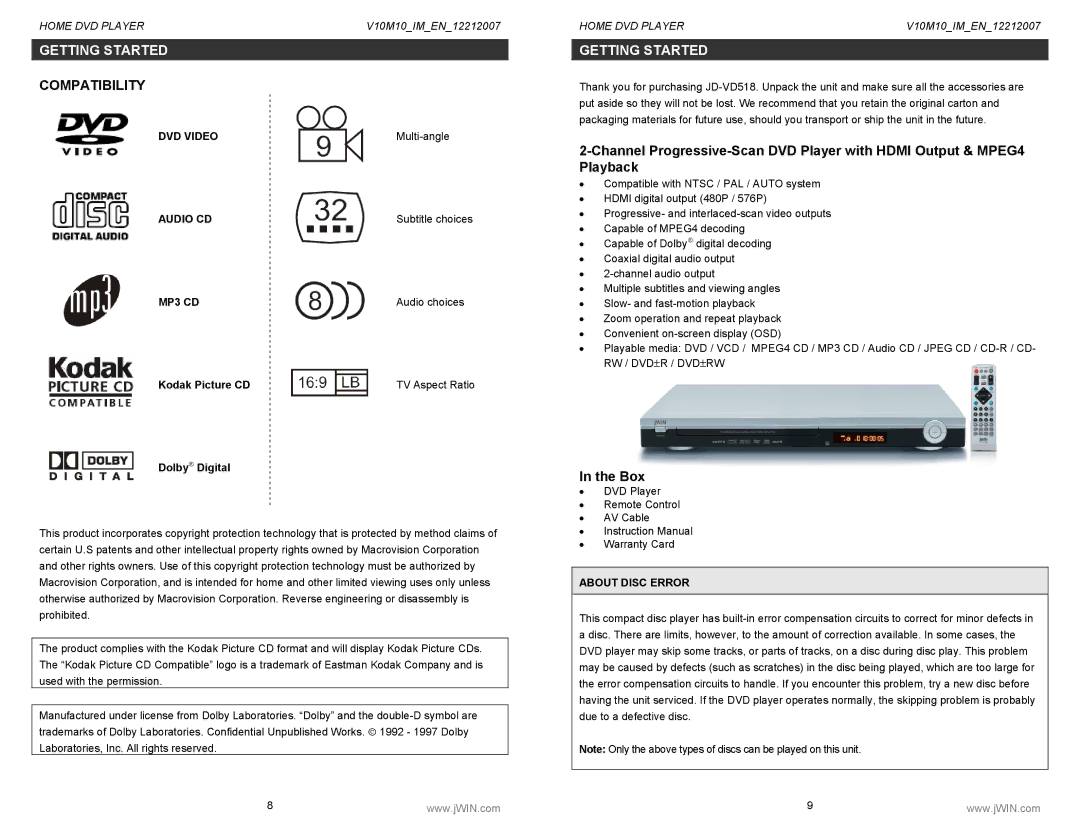 Jwin JD-VD518 instruction manual Getting Started, Box 