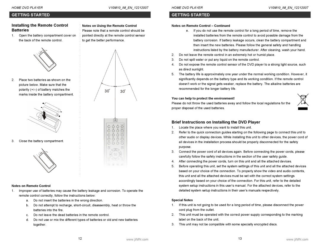 Jwin JD-VD518 Installing the Remote Control Batteries, Brief Instructions on Installing the DVD Player, Special Notes 