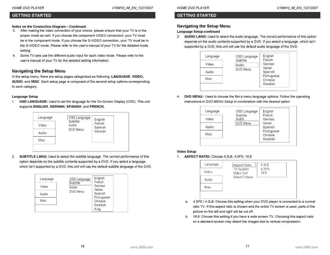 Jwin JD-VD518 instruction manual Navigating the Setup Menu, Language Setup, Video Setup 