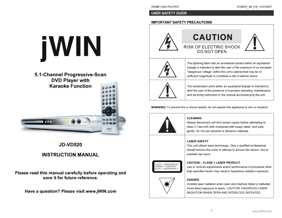 Jwin JD-VD520 instruction manual User Safety Guide, Important Safety Precautions, Cleaning, Laser Safety 