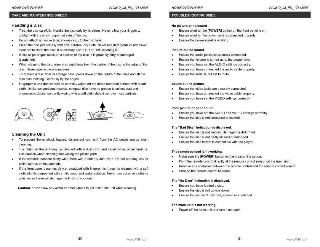 Jwin JD-VD520 instruction manual Handling a Disc, Cleaning the Unit 