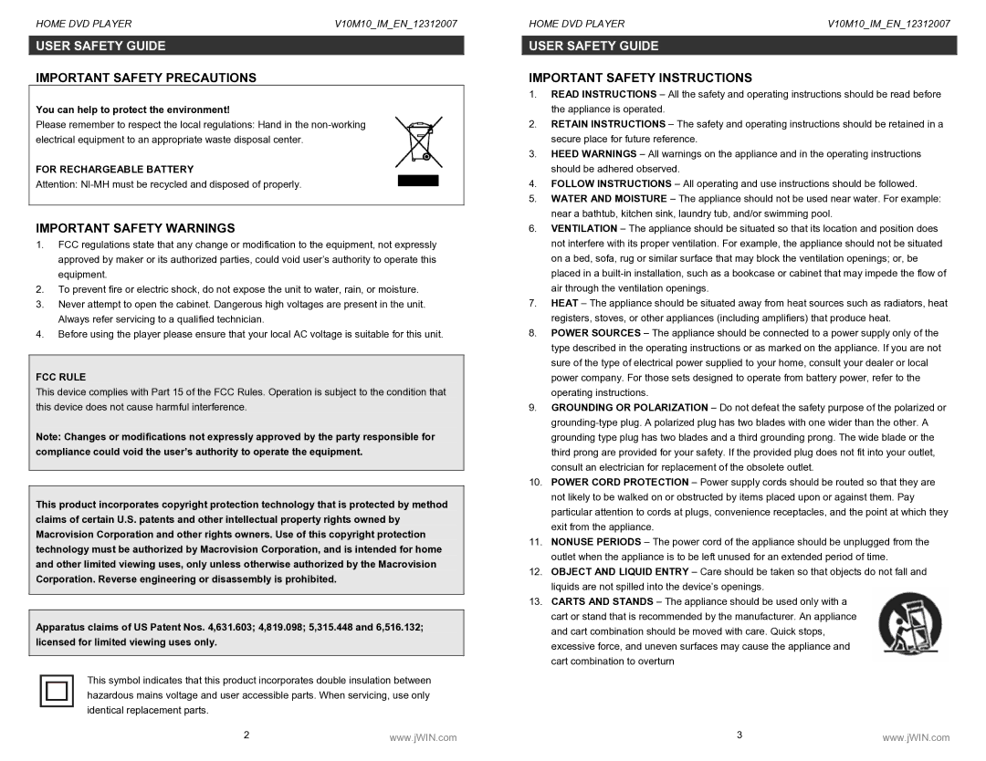 Jwin JD-VD520 Important Safety Warnings, Important Safety Instructions, You can help to protect the environment, FCC Rule 