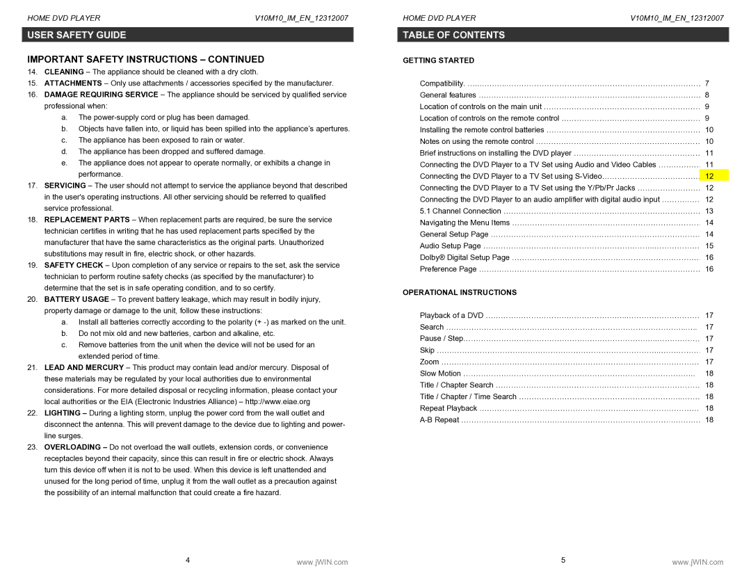 Jwin JD-VD520 instruction manual Table of Contents 