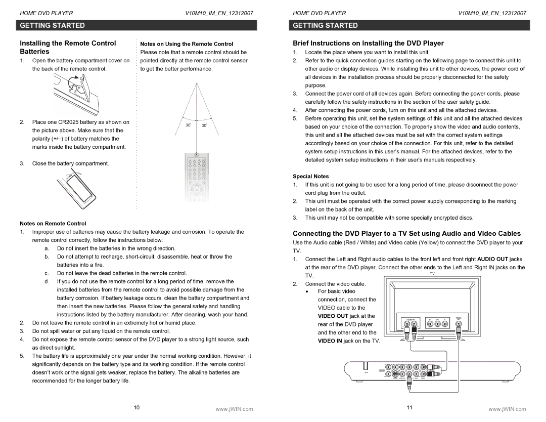 Jwin JD-VD520 Installing the Remote Control Batteries, Brief Instructions on Installing the DVD Player, Special Notes 