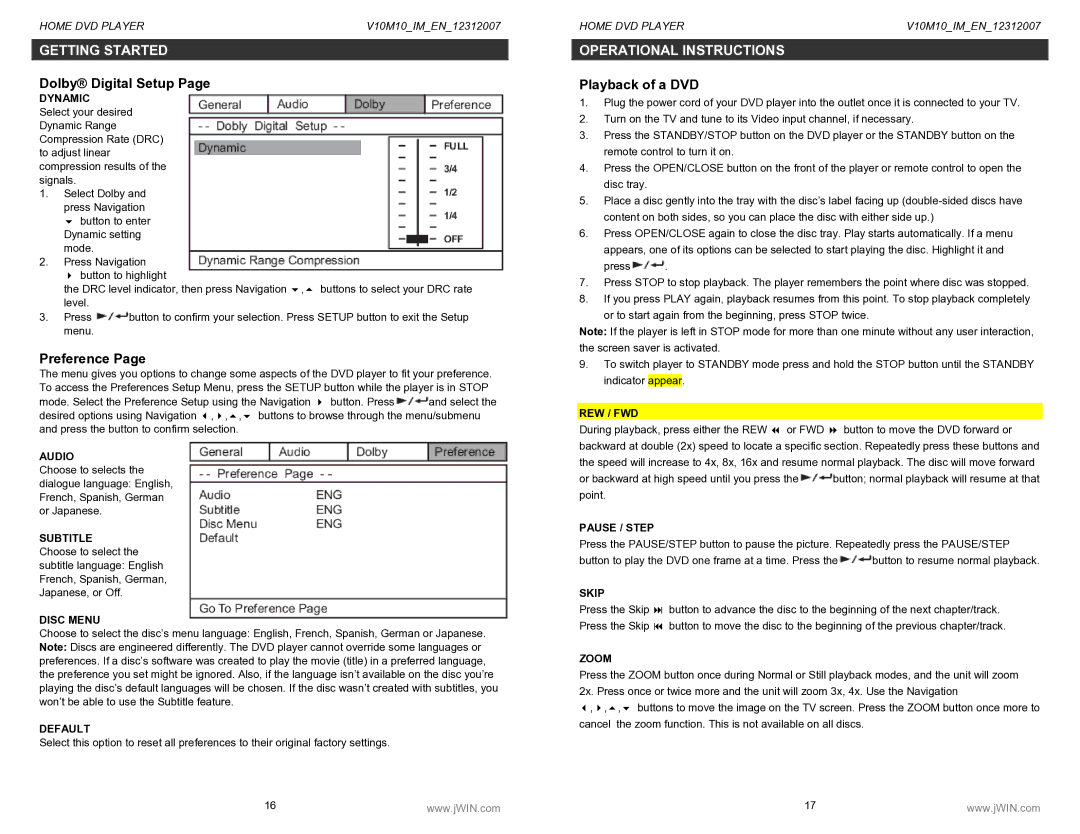 Jwin JD-VD520 instruction manual Dolby Digital Setup, Preference, Operational Instructions, Playback of a DVD 