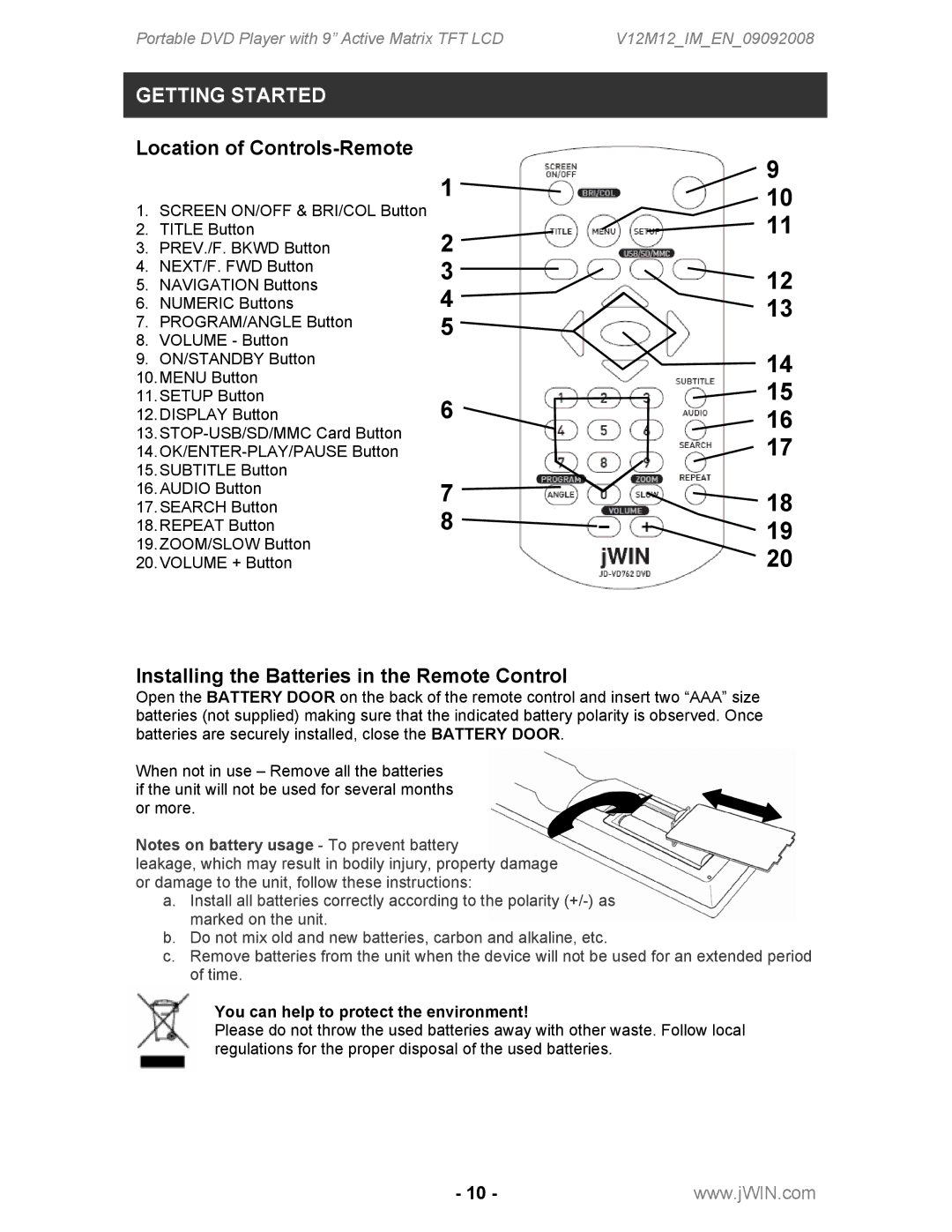 Jwin JD-VD762 instruction manual Location of Controls-Remote, Installing the Batteries in the Remote Control 