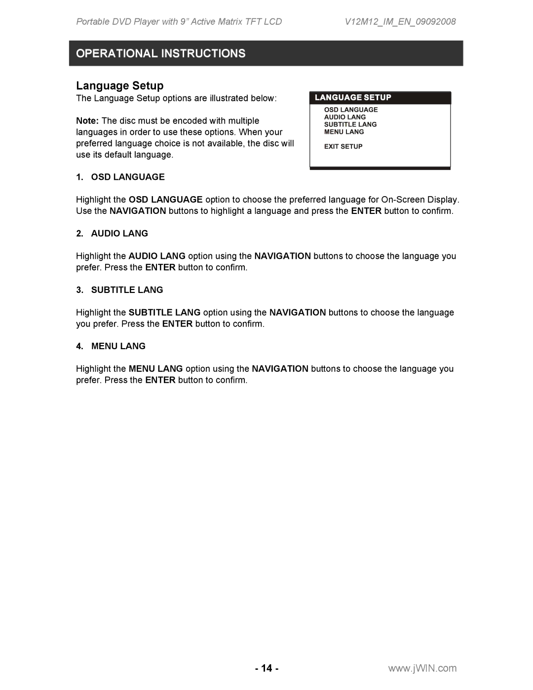 Jwin JD-VD762 instruction manual Language Setup, OSD Language, Audio Lang, Subtitle Lang, Menu Lang 