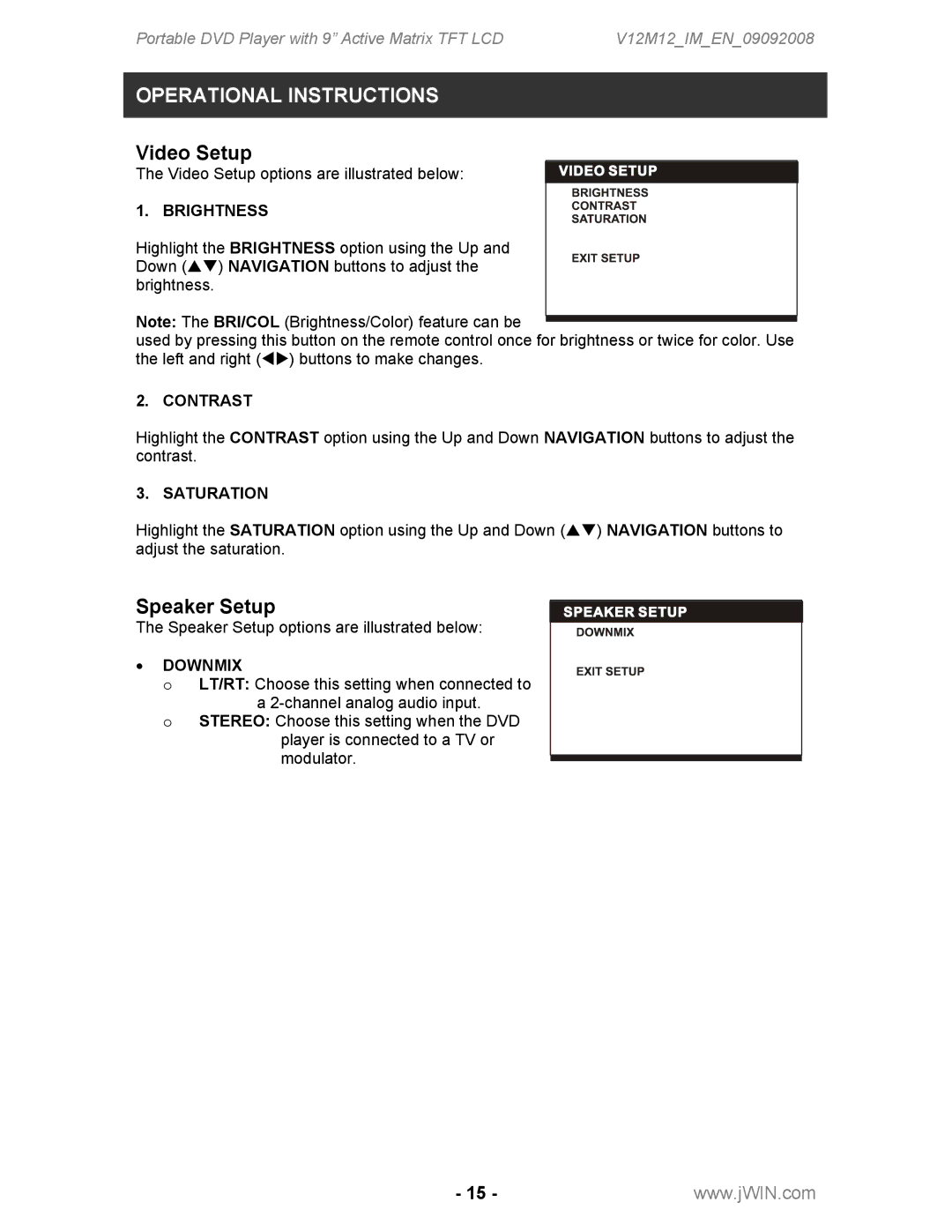 Jwin JD-VD762 instruction manual Video Setup, Speaker Setup 