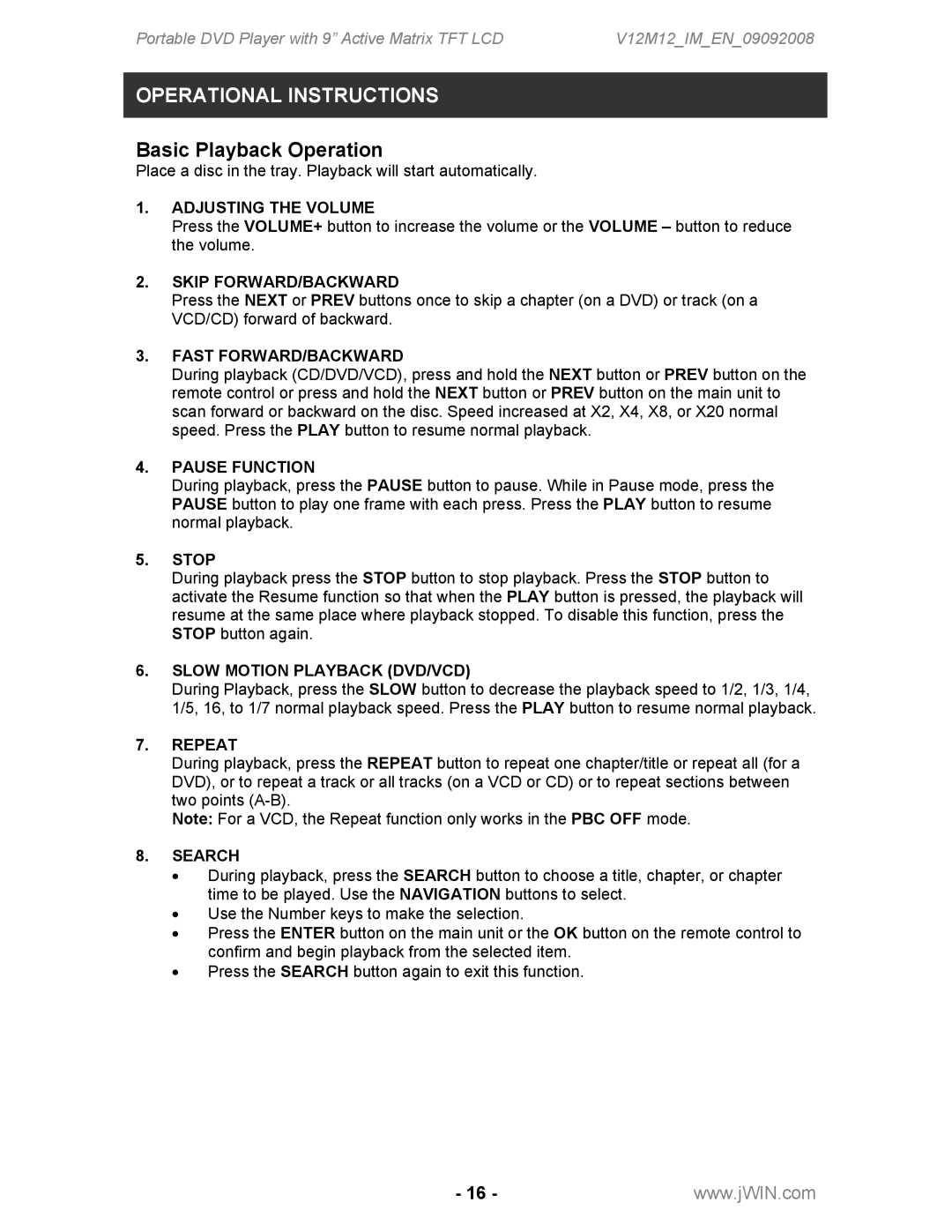 Jwin JD-VD762 instruction manual Basic Playback Operation 