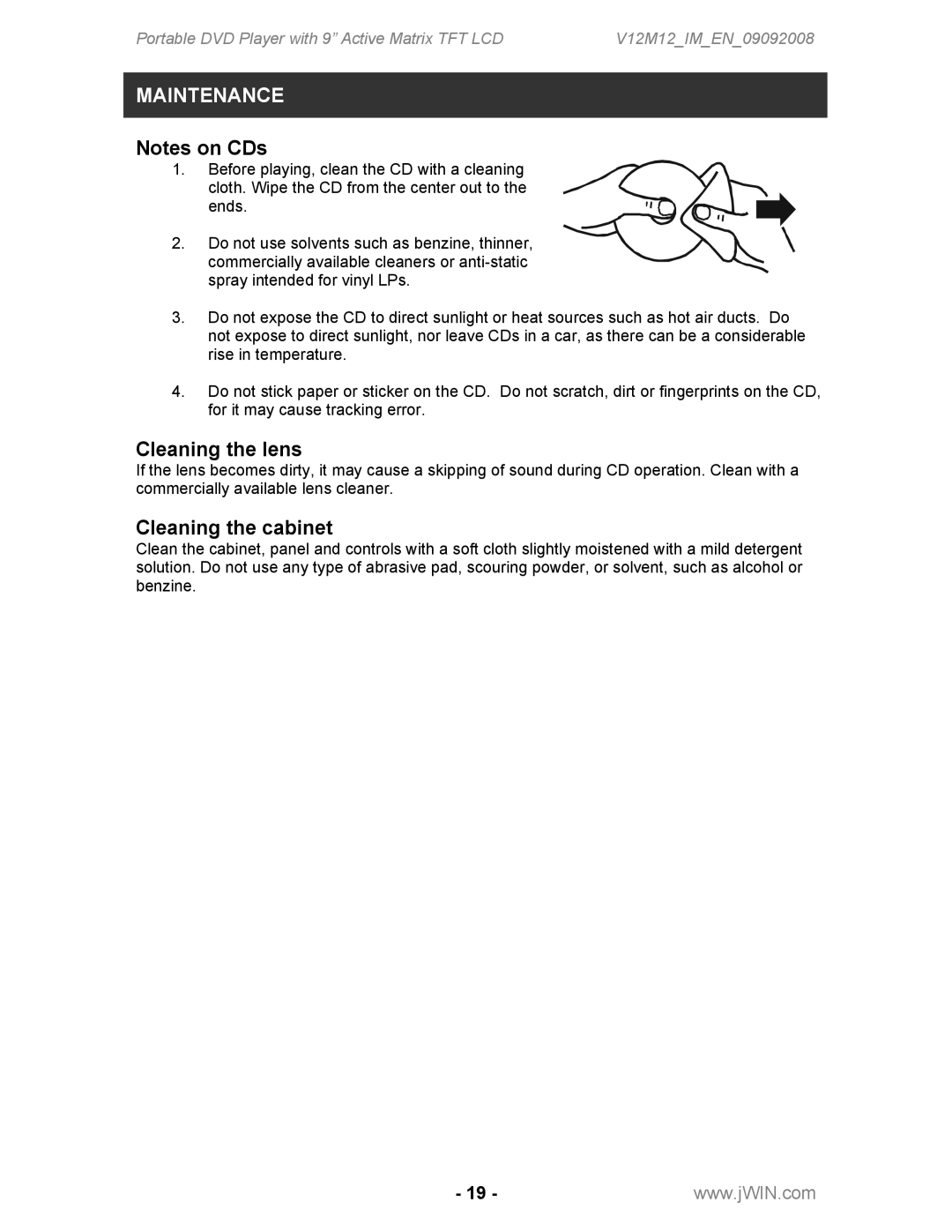 Jwin JD-VD762 instruction manual Maintenance, Cleaning the lens, Cleaning the cabinet 