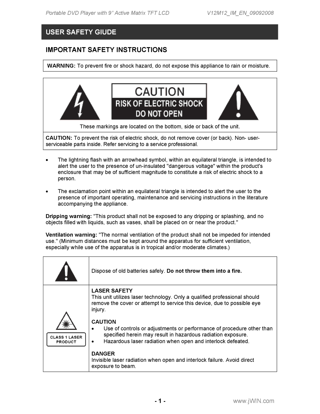 Jwin JD-VD762 instruction manual User Safety Giude, Laser Safety 