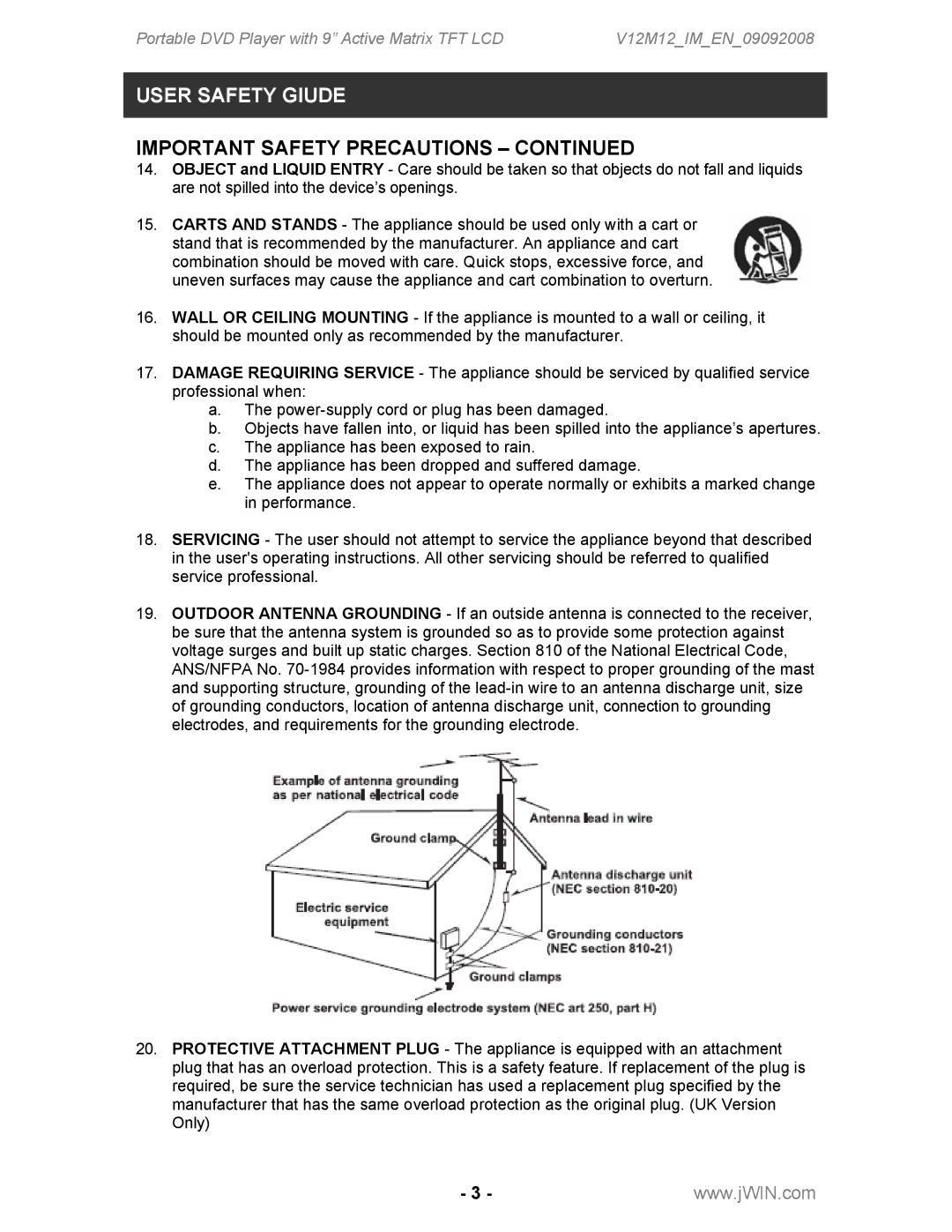 Jwin JD-VD762 instruction manual User Safety Giude 