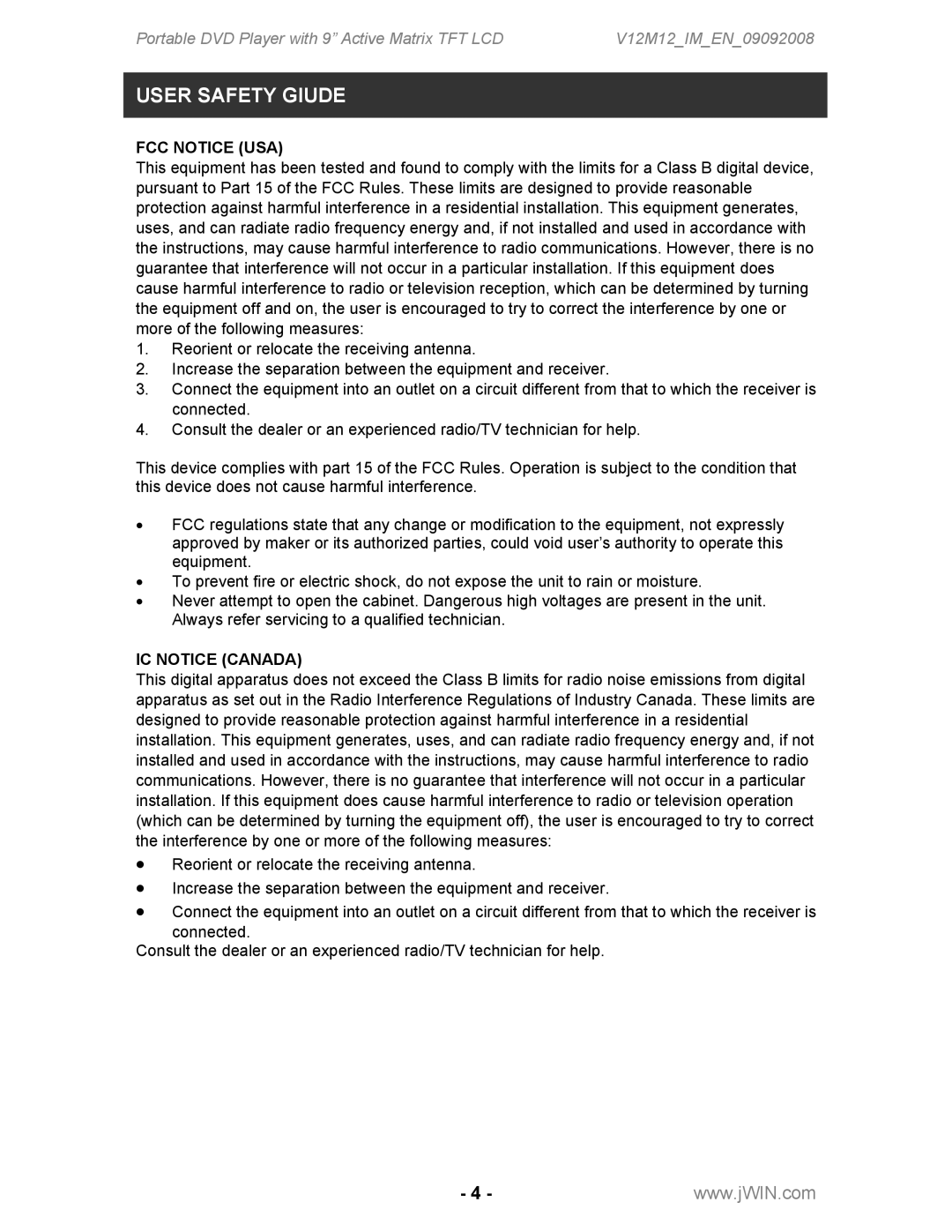 Jwin JD-VD762 instruction manual FCC Notice USA, IC Notice Canada 