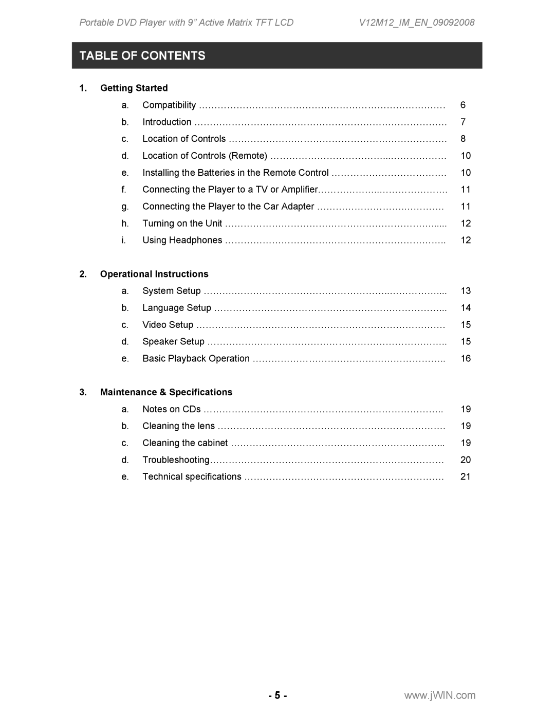 Jwin JD-VD762 instruction manual Table of Contents 