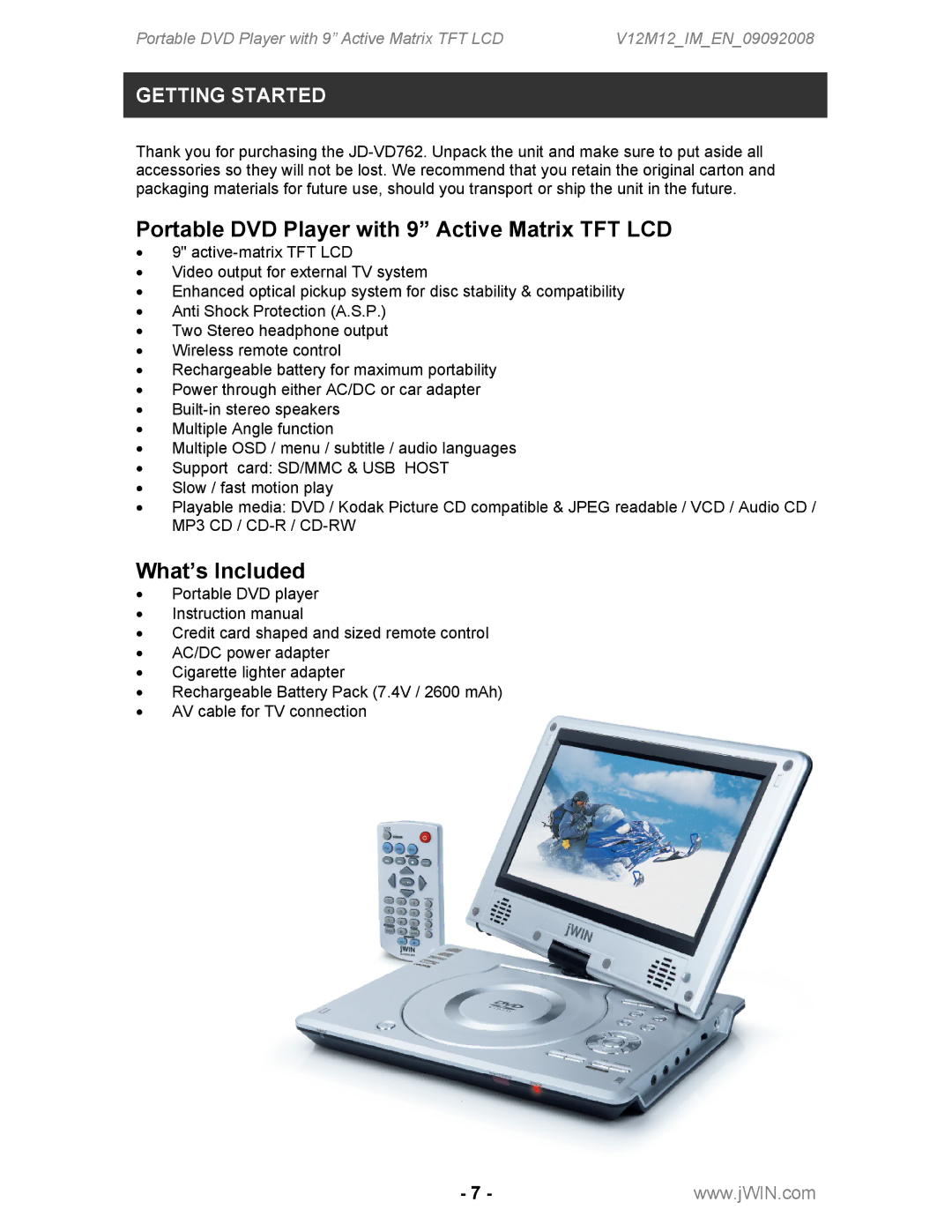 Jwin JD-VD762 instruction manual Portable DVD Player with 9 Active Matrix TFT LCD 