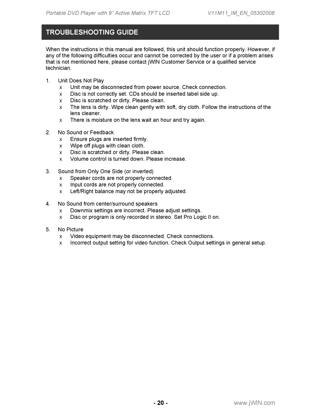 Jwin JD-VD762 instruction manual Troubleshooting Guide 