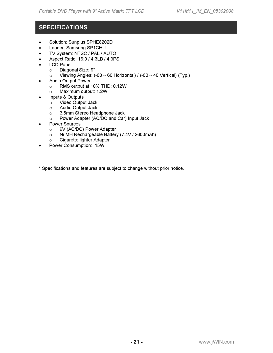 Jwin JD-VD762 instruction manual Specifications 