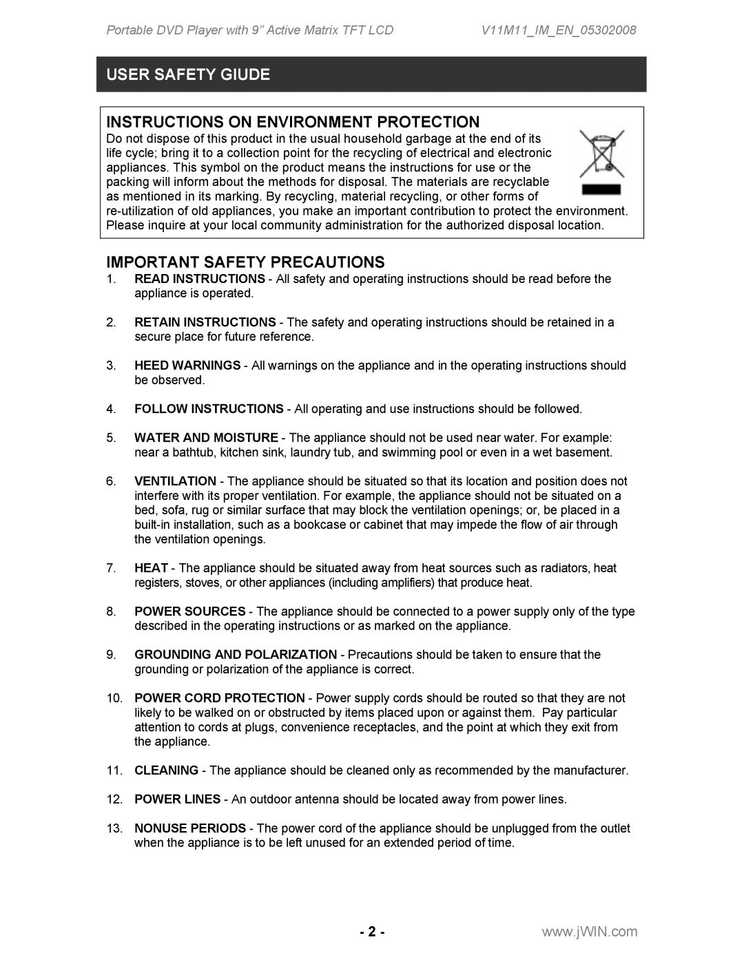 Jwin JD-VD762 instruction manual Instructions on Environment Protection 