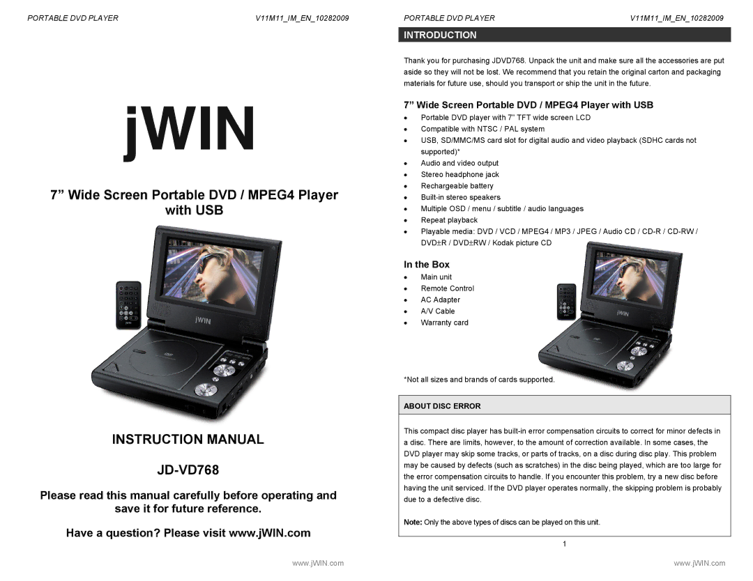 Jwin JD-VD768 instruction manual Introduction, Wide Screen Portable DVD / MPEG4 Player with USB, Box, About Disc Error 