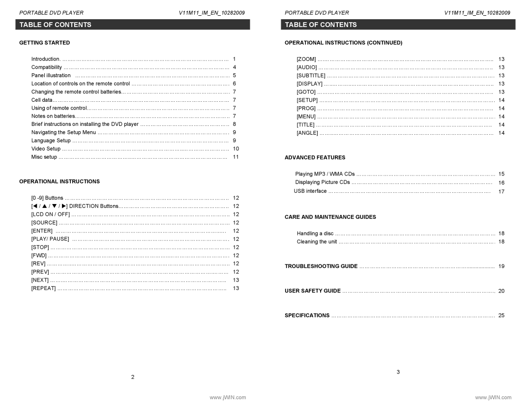 Jwin JD-VD768 instruction manual Table of Contents 