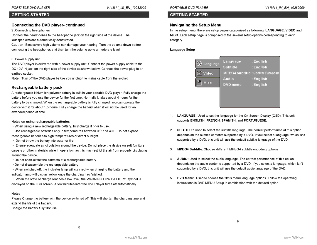 Jwin JD-VD768 instruction manual Rechargeable battery pack, Navigating the Setup Menu, Language Setup 