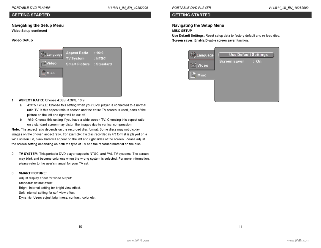 Jwin JD-VD768 instruction manual Video Setup, Misc Setup, Smart Picture 