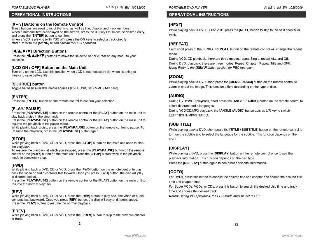 Jwin JD-VD768 instruction manual Operational Instructions 