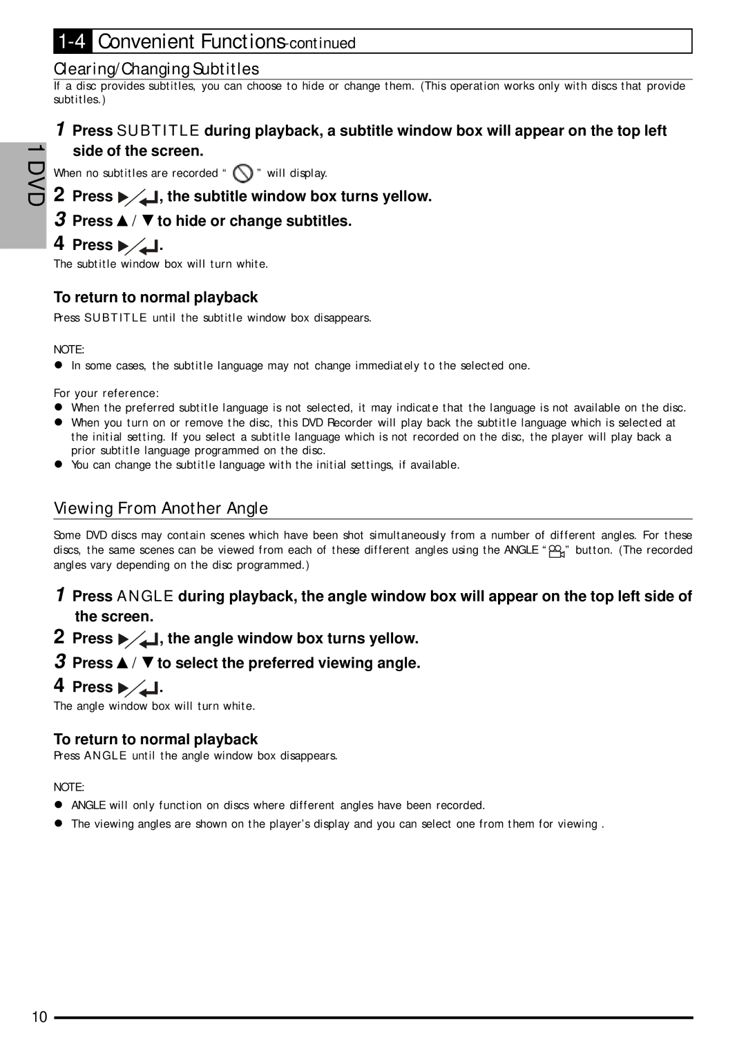 Jwin JD-VD903 user manual Clearing/Changing Subtitles, Viewing From Another Angle 