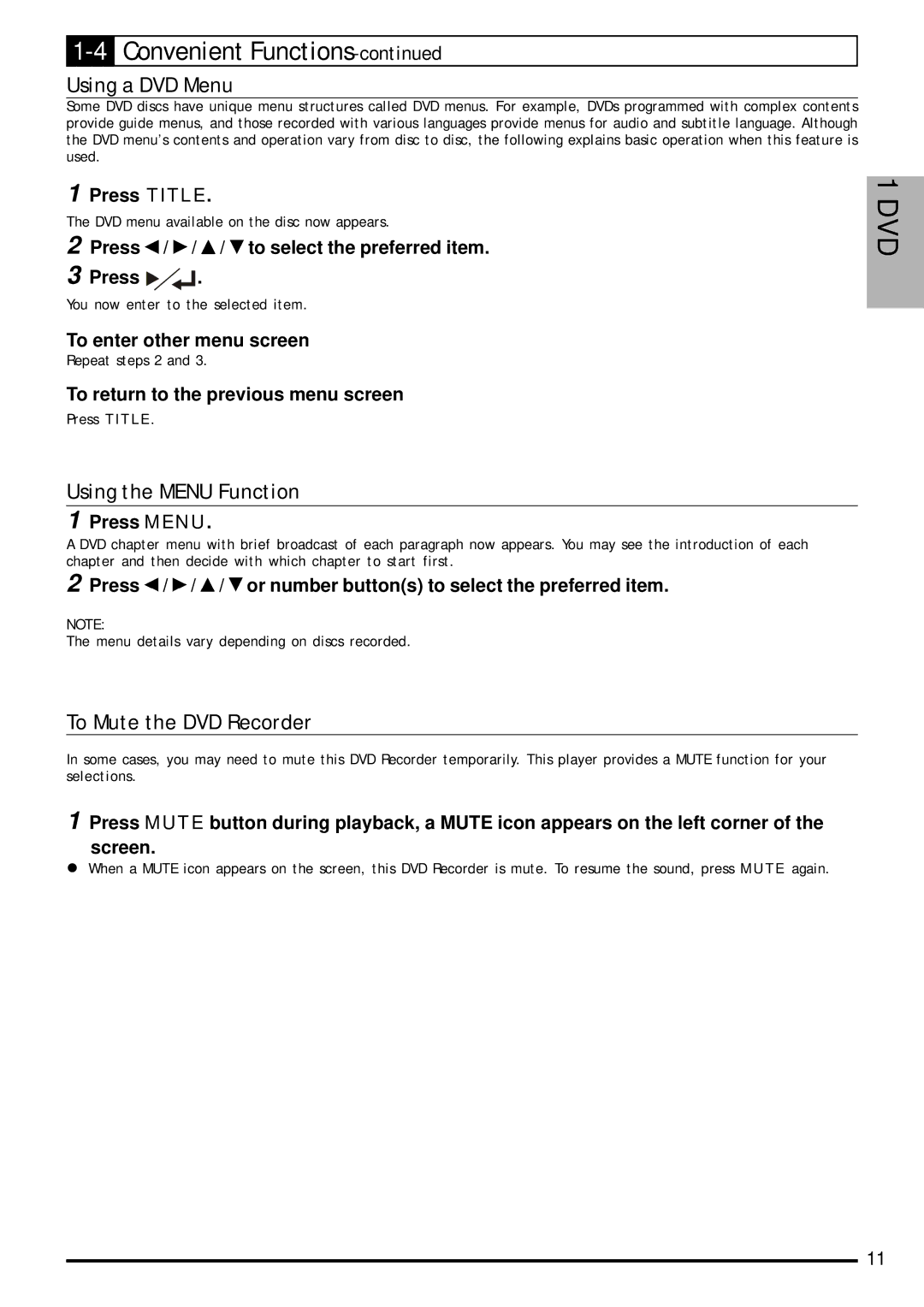 Jwin JD-VD903 user manual Using a DVD Menu, Using the Menu Function, To Mute the DVD Recorder 