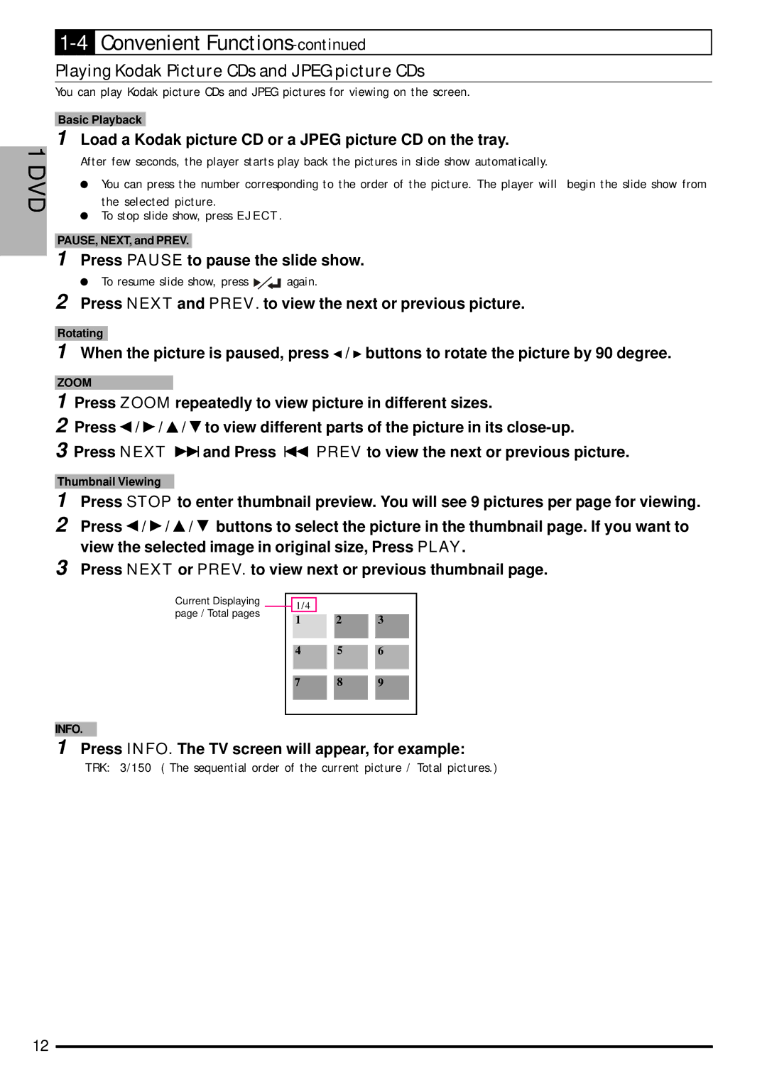 Jwin JD-VD903 user manual Playing Kodak Picture CDs and Jpeg picture CDs 