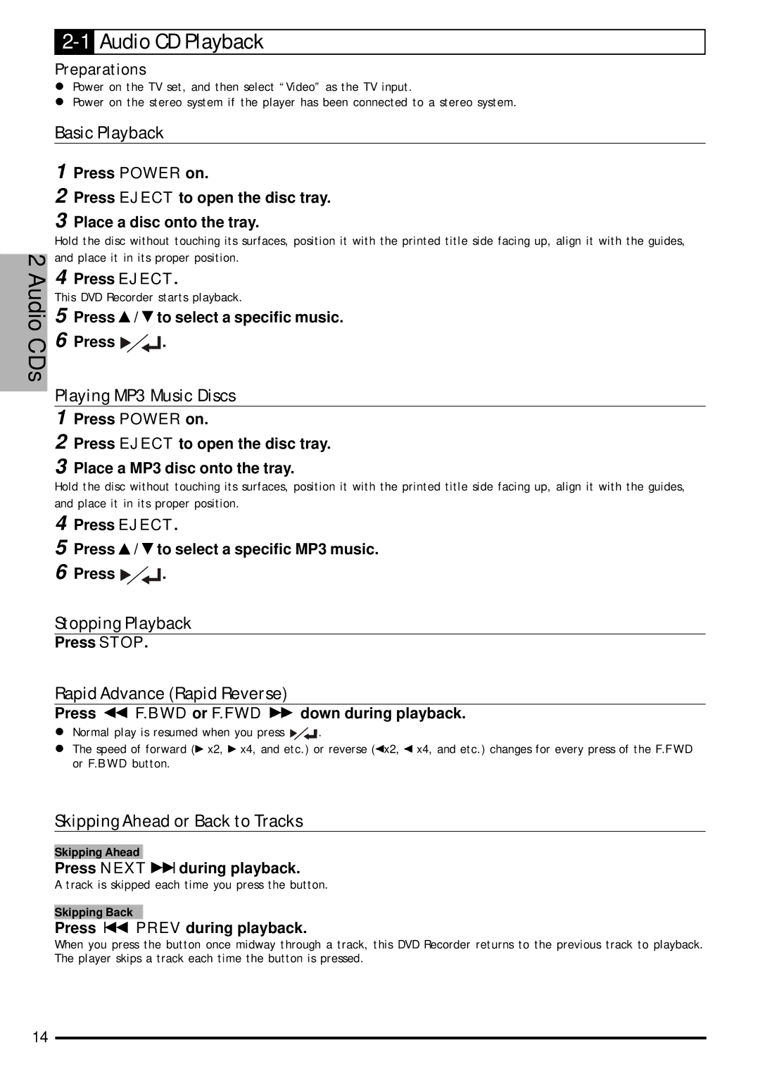 Jwin JD-VD903 user manual 1Audio CD Playback, Skipping Ahead or Back to Tracks, Press / to select a specific MP3 music 