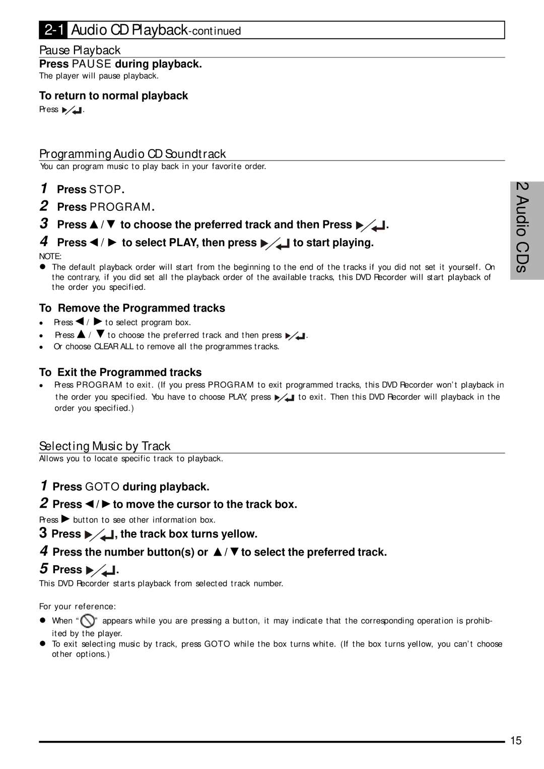 Jwin JD-VD903 user manual Pause Playback, Programming Audio CD Soundtrack, Selecting Music by Track 