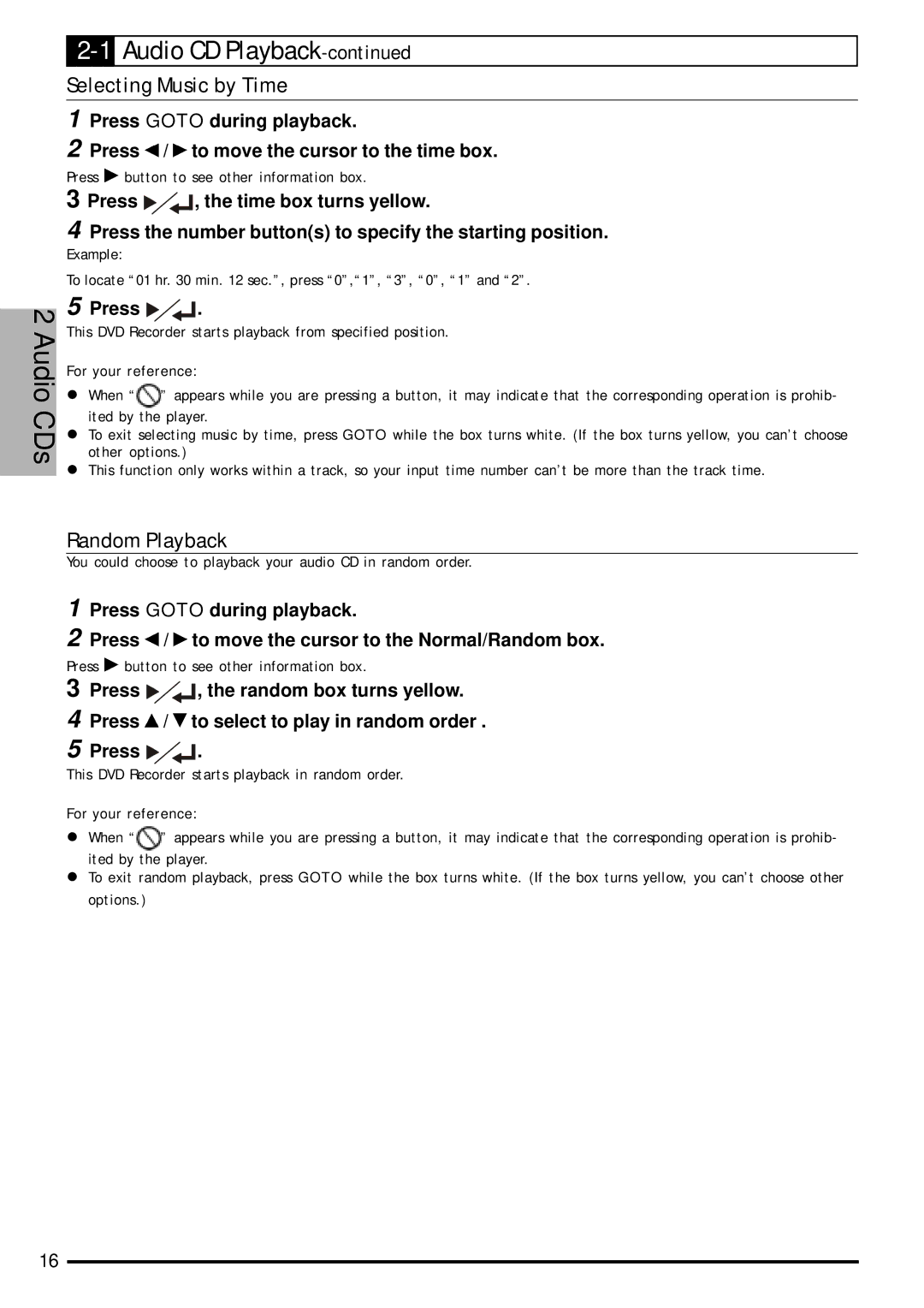 Jwin JD-VD903 user manual Selecting Music by Time, Random Playback, Press / to move the cursor to the time box 