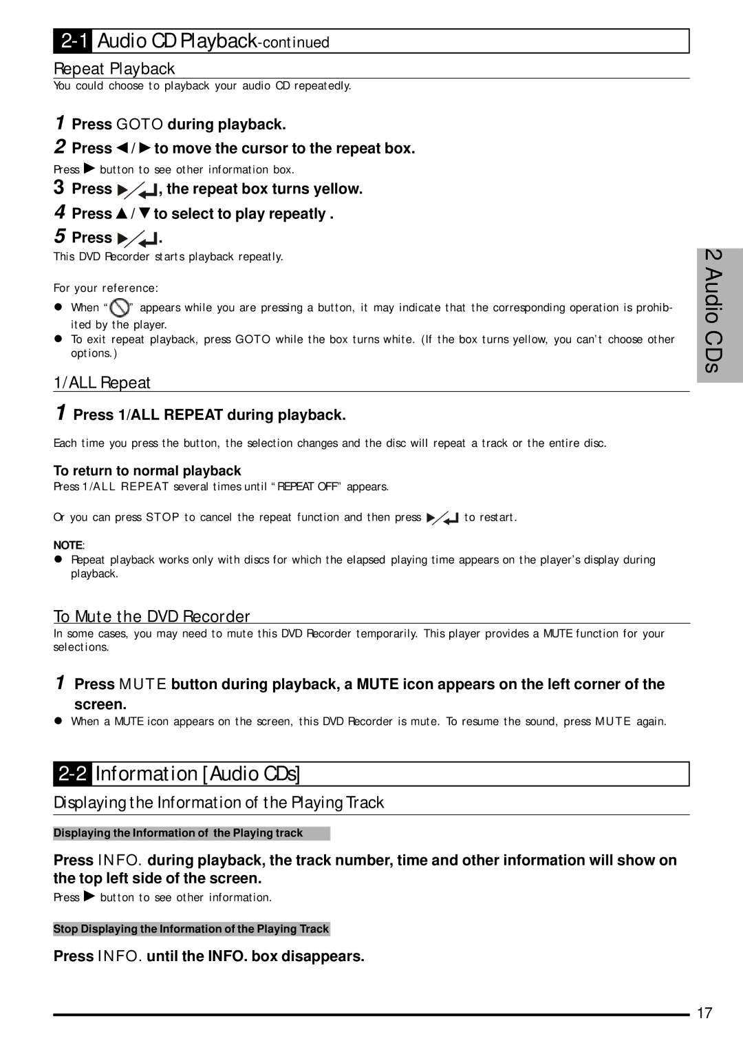 Jwin JD-VD903 user manual 2Information Audio CDs, Repeat Playback, ALL Repeat, Press / to move the cursor to the repeat box 