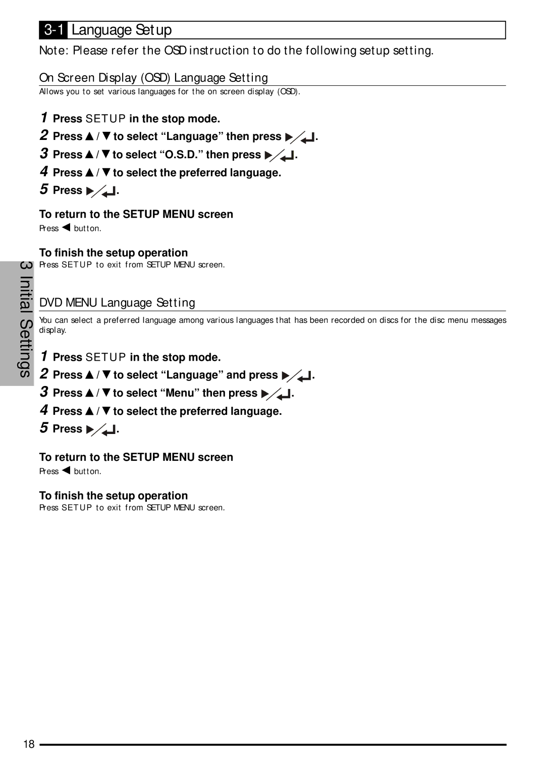 Jwin JD-VD903 user manual 1Language Setup, On Screen Display OSD Language Setting, DVD Menu Language Setting 