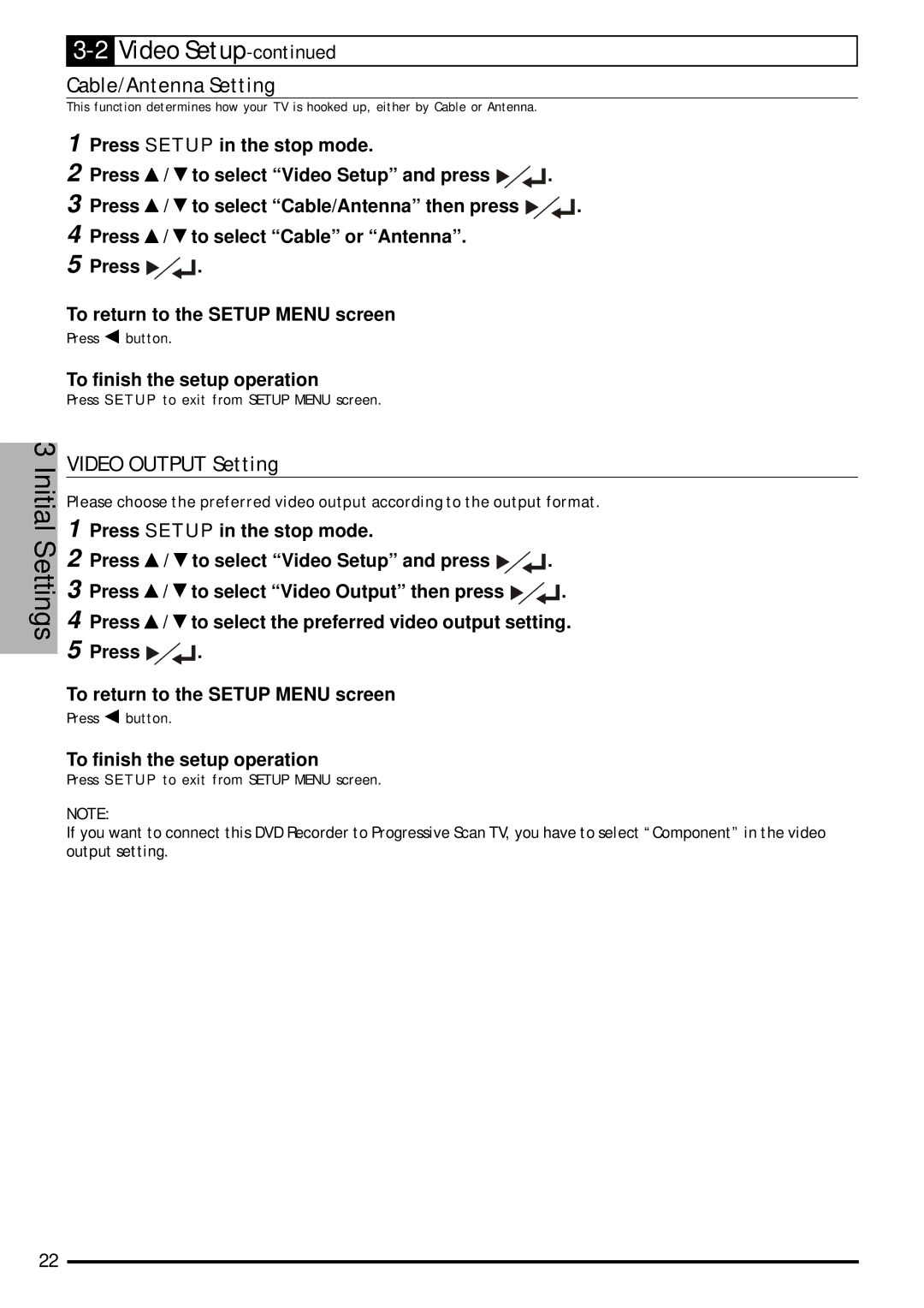 Jwin JD-VD903 user manual Cable/Antenna Setting, Video Output Setting 