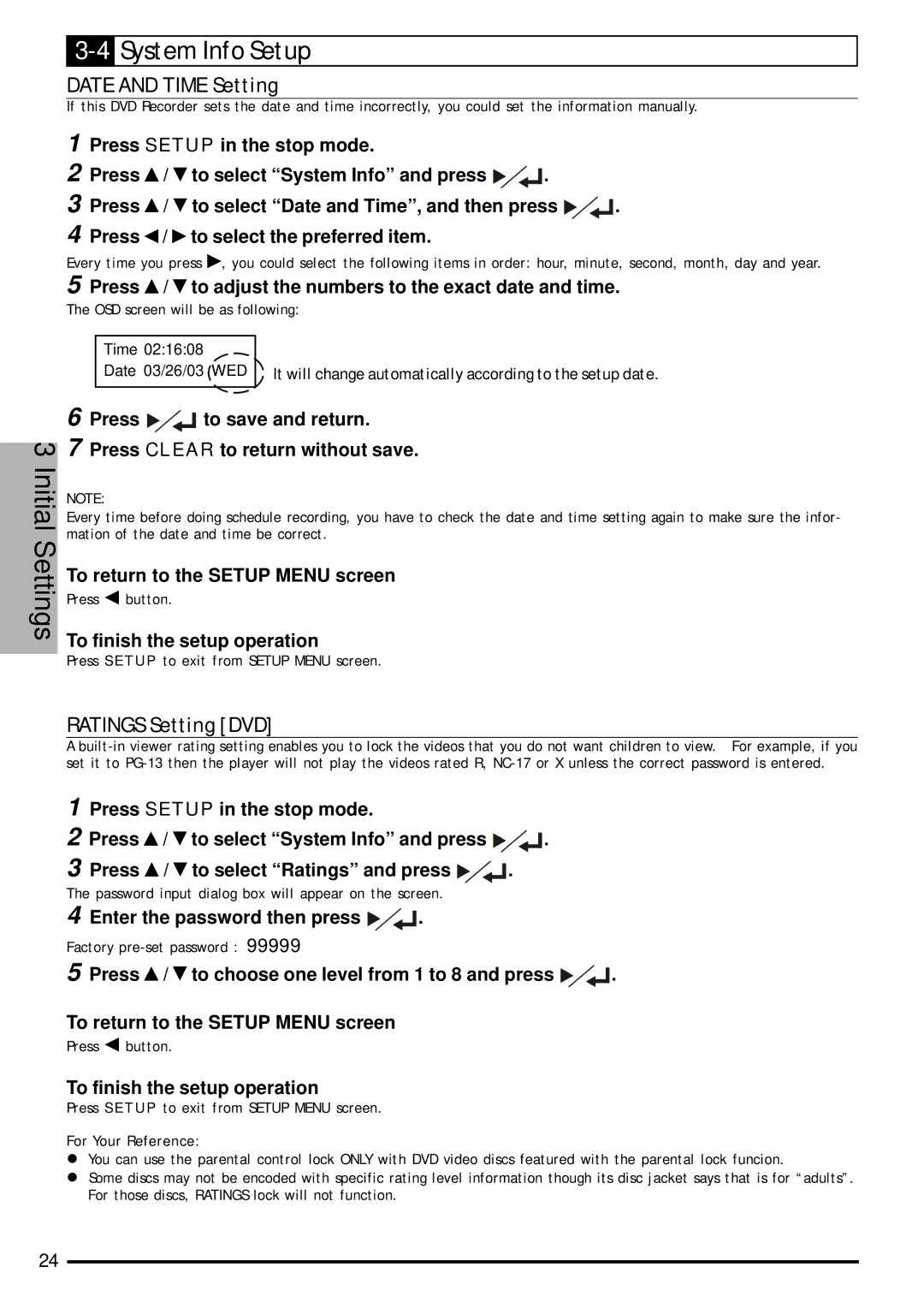 Jwin JD-VD903 user manual 4System Info Setup, Date and Time Setting, Ratings Setting DVD 